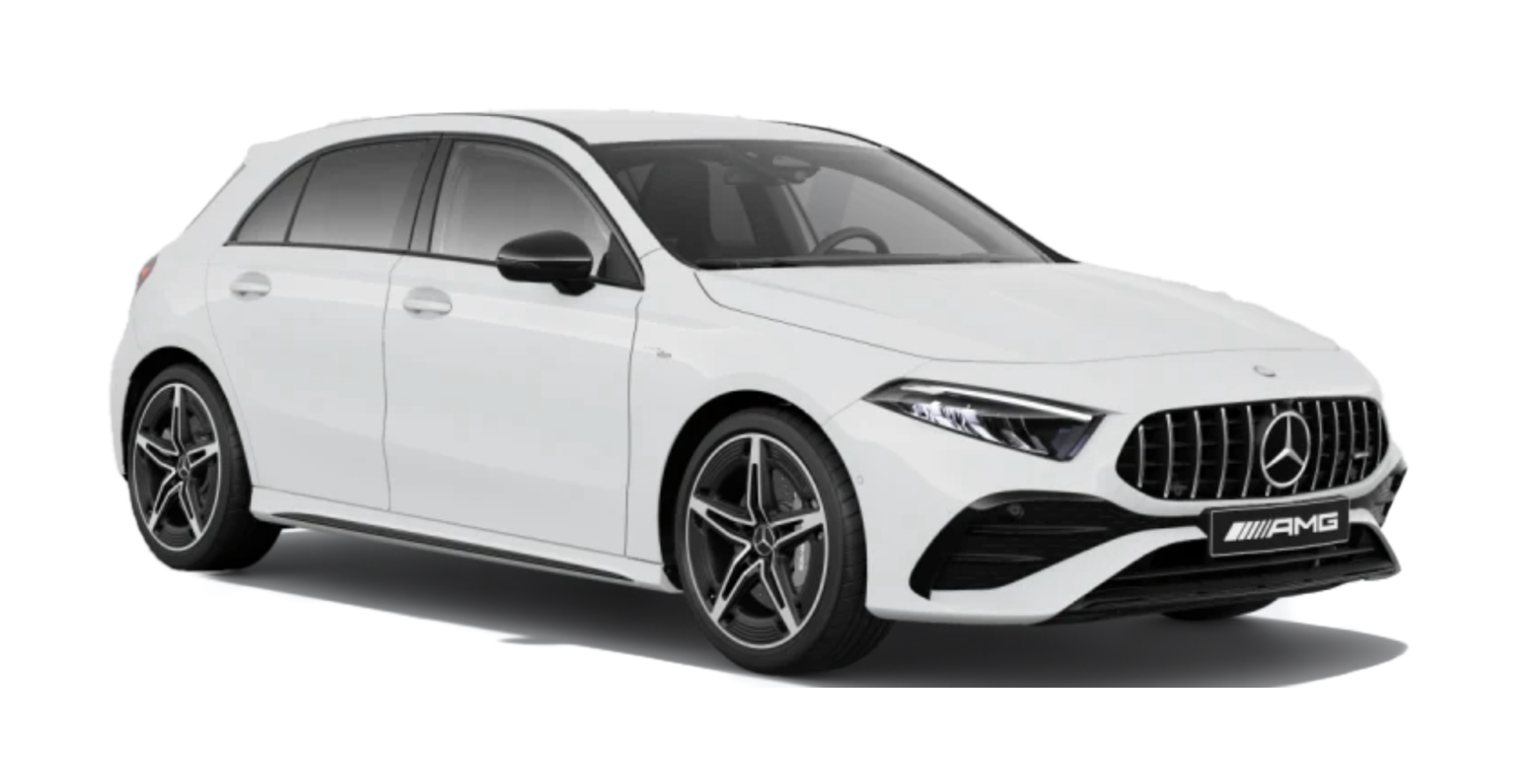 Front-angle view of a Mercedes-AMG A35, showcasing its aggressive styling and sporty design elements.