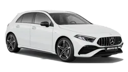Front-angle view of a Mercedes-AMG A35, showcasing its aggressive styling and sporty design elements.