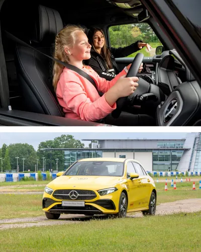 Young driver maneuvering a 4x4 Mercedes-Benz vehicle through off-road terrain, combining learning with adventure at Mercedes-Benz World.