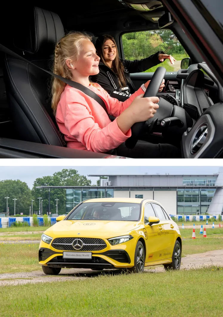 Young driver maneuvering a 4x4 Mercedes-Benz vehicle through off-road terrain, combining learning with adventure at Mercedes-Benz World.