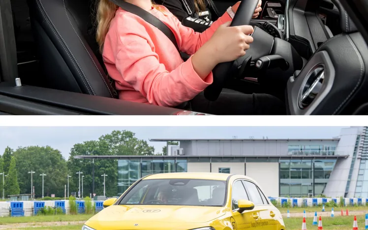 Young driver maneuvering a 4x4 Mercedes-Benz vehicle through off-road terrain, combining learning with adventure at Mercedes-Benz World.