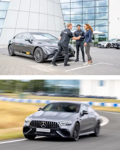 All-electric Mercedes-AMG 63 in motion on a racetrack, showcasing cutting-edge performance and instant torque in a sleek, modern design.