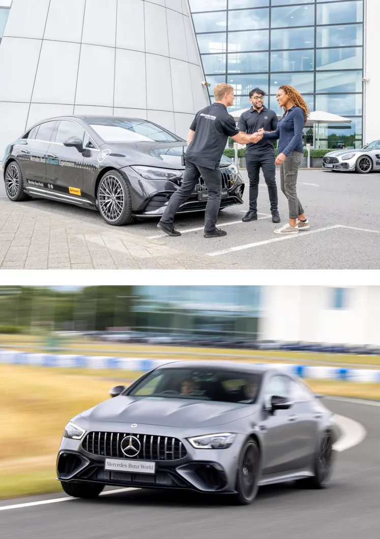 All-electric Mercedes-AMG 63 in motion on a racetrack, showcasing cutting-edge performance and instant torque in a sleek, modern design.