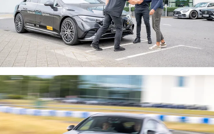 All-electric Mercedes-AMG 63 in motion on a racetrack, showcasing cutting-edge performance and instant torque in a sleek, modern design.
