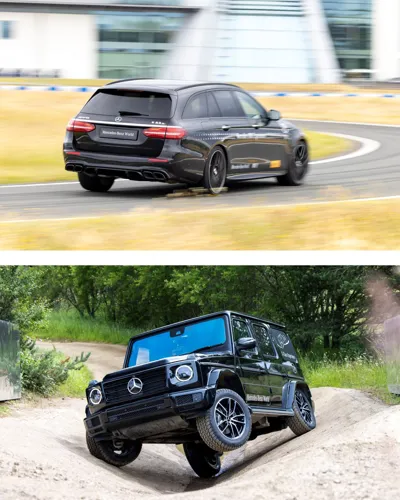 Two black Mercedes-Benz vehicles in action — the top shows a sporty estate car taking a corner on a track, and the bottom shows a G-Class SUV navigating an off-road trail.