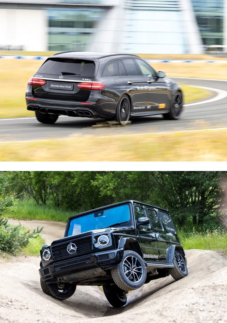 Two black Mercedes-Benz vehicles in action — the top shows a sporty estate car taking a corner on a track, and the bottom shows a G-Class SUV navigating an off-road trail.