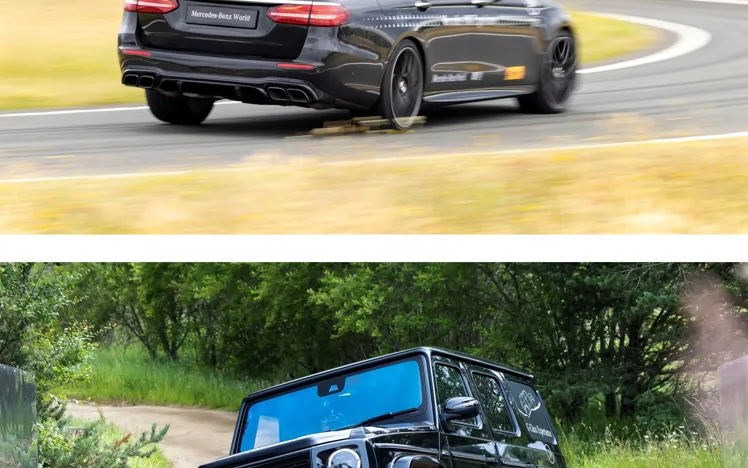 Two black Mercedes-Benz vehicles in action — the top shows a sporty estate car taking a corner on a track, and the bottom shows a G-Class SUV navigating an off-road trail.