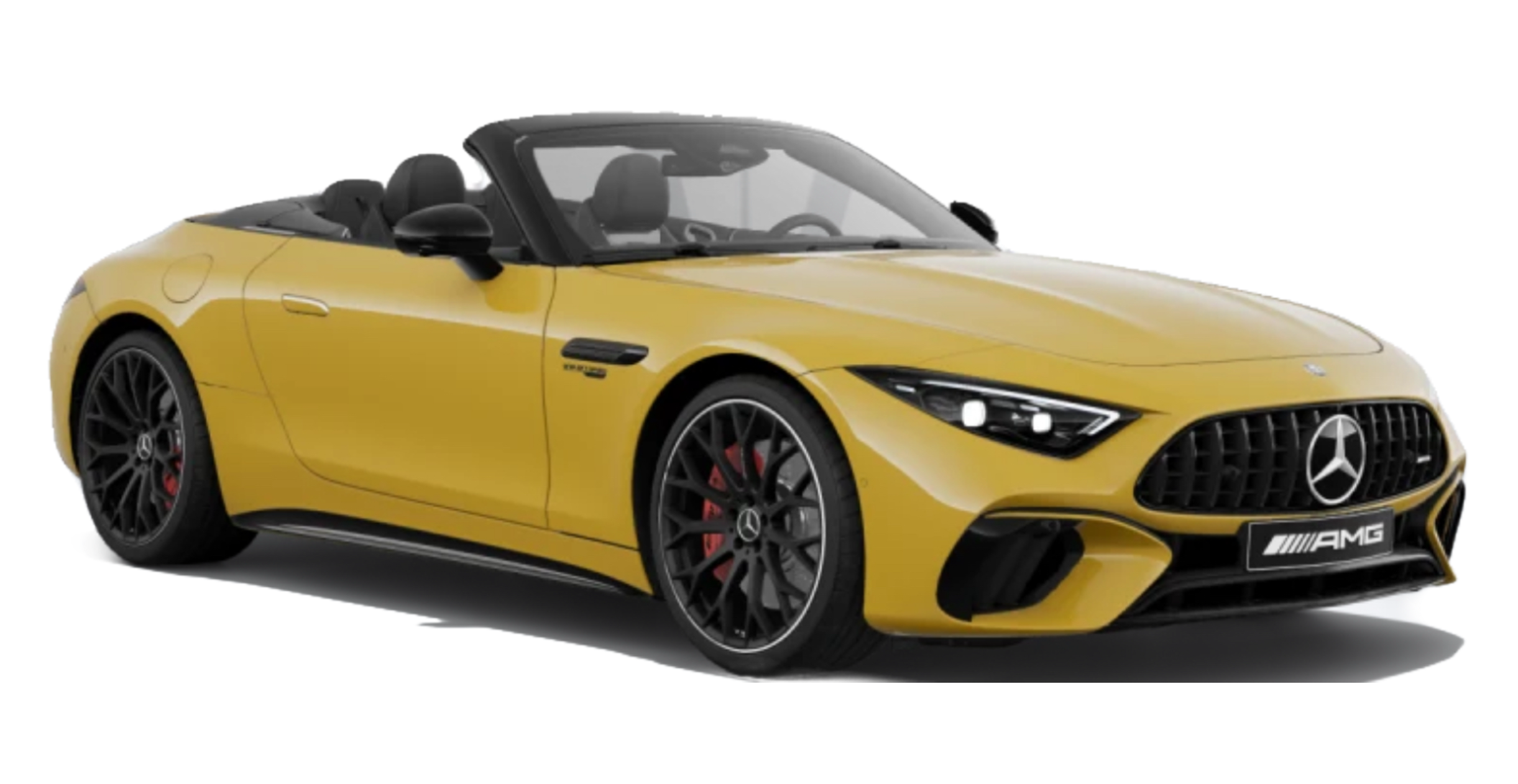 Side view of a sleek Mercedes-AMG SL sports car in a studio setting, showcasing its aerodynamic design and luxurious styling.