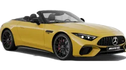 Side view of a sleek Mercedes-AMG SL sports car in a studio setting, showcasing its aerodynamic design and luxurious styling.