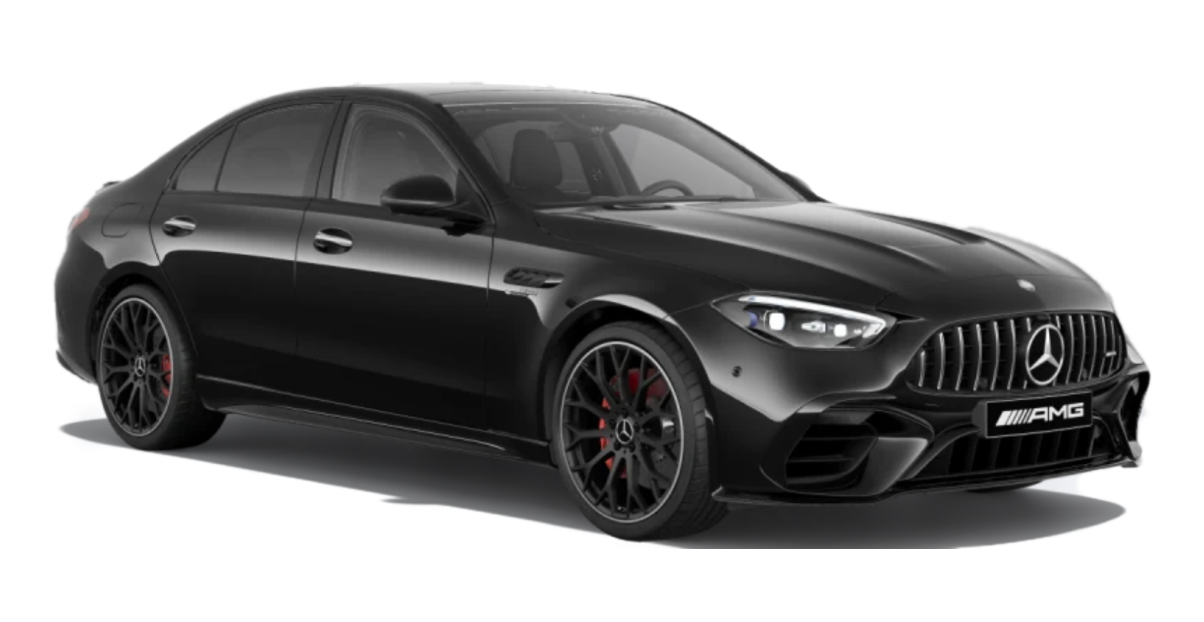 Front view of a Mercedes-AMG C63 showcasing its aggressive grille design and sporty aesthetics in a clean, studio-lit environment.