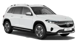 Front angle view of a Mercedes-Benz EQB electric SUV, showcasing its bold grille and modern design in a clean, minimal studio setting.