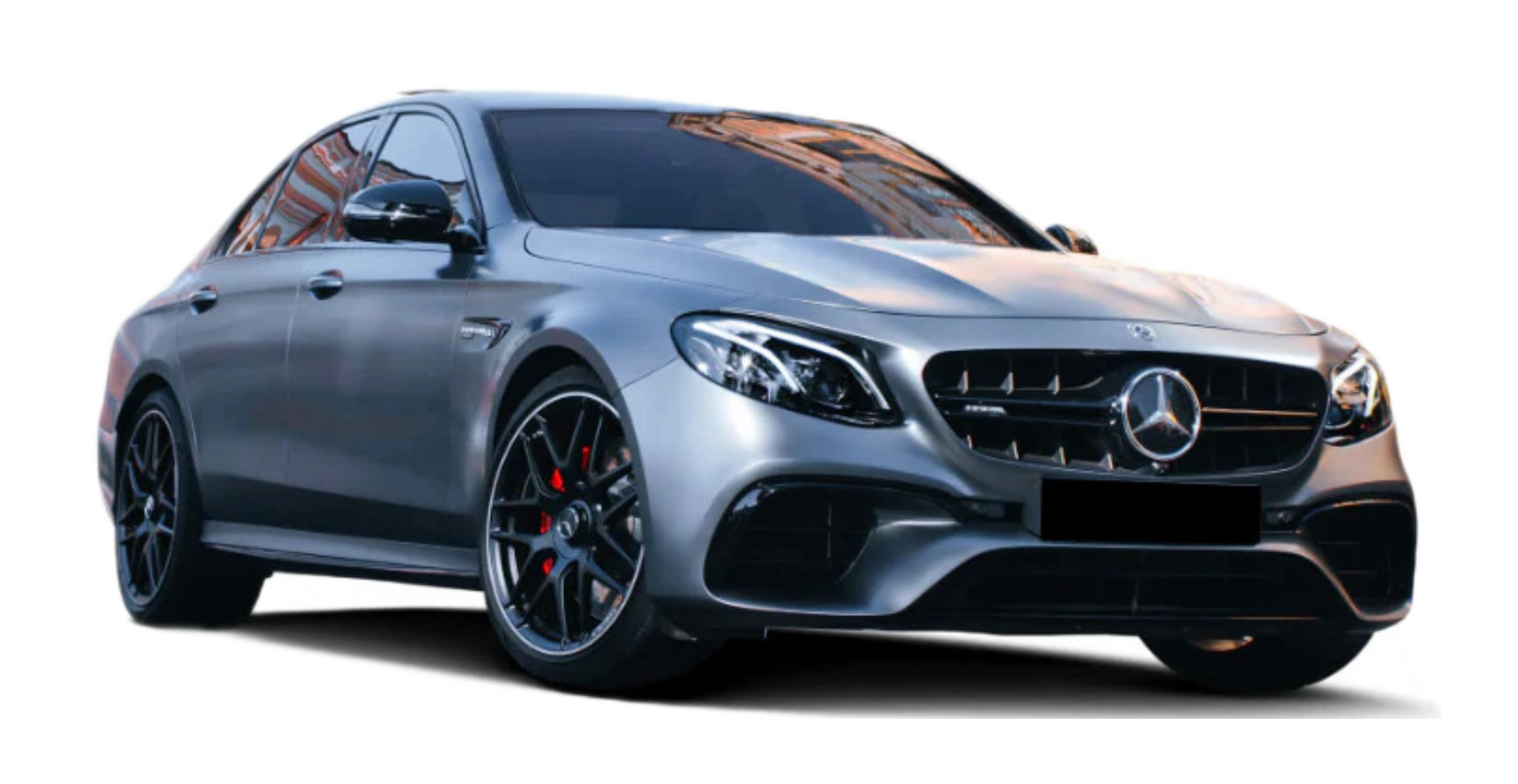 A sleek Mercedes-AMG E 63-s Saloon car with a white background.