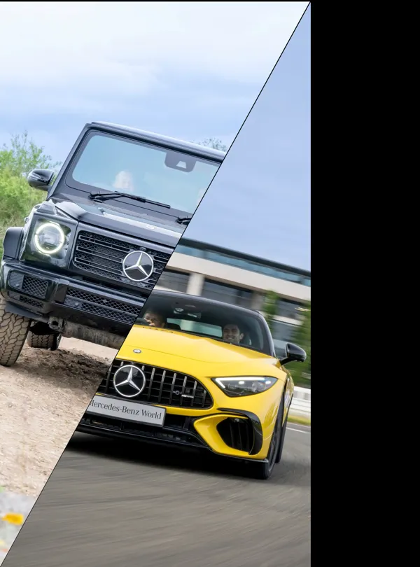 Split image showcasing a black Mercedes-Benz G-Class driving off-road on the left, and a yellow AMG sports car speeding on a racetrack at Mercedes-Benz World on the right.