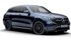 Front view of a sleek silver Mercedes-Benz EQC electric SUV, showcasing its modern grille and LED headlights against a white background.